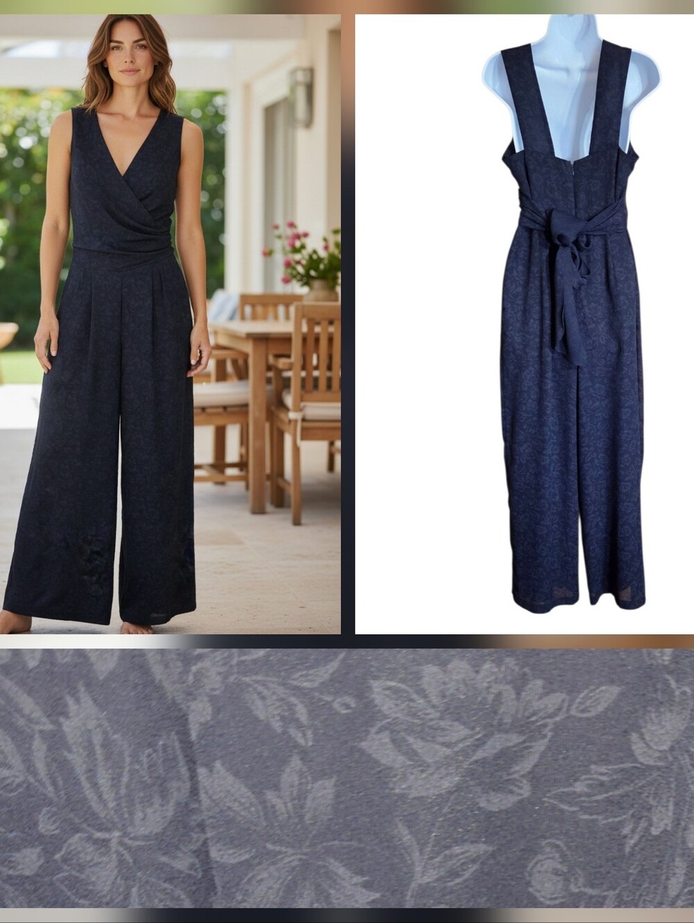 VTG DONNA RICCO NAVY BLUE CAREER WIDE LEG JUMPSUIT SZ 8 FLORAL JACQUARD TIE WAIS